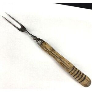Antique 2 Prong Steel Fork  Primitive Wood‎ Handle Early 20th Century 9 inch